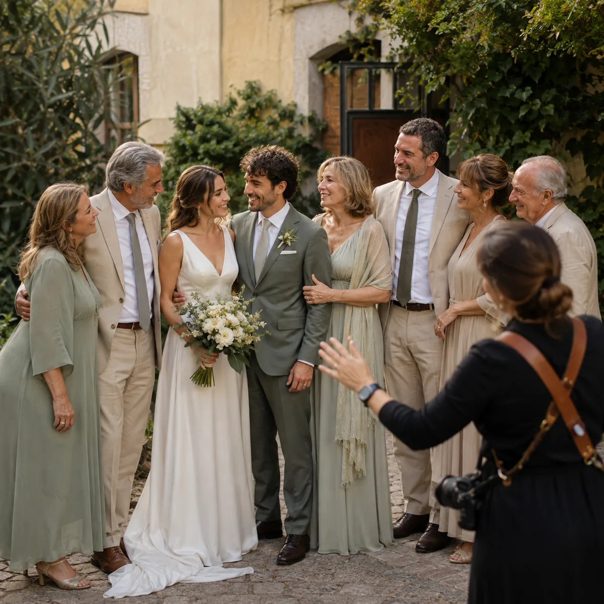 Pareja de recién casados junto a sus familiares en un jardín durante una foto grupal.
