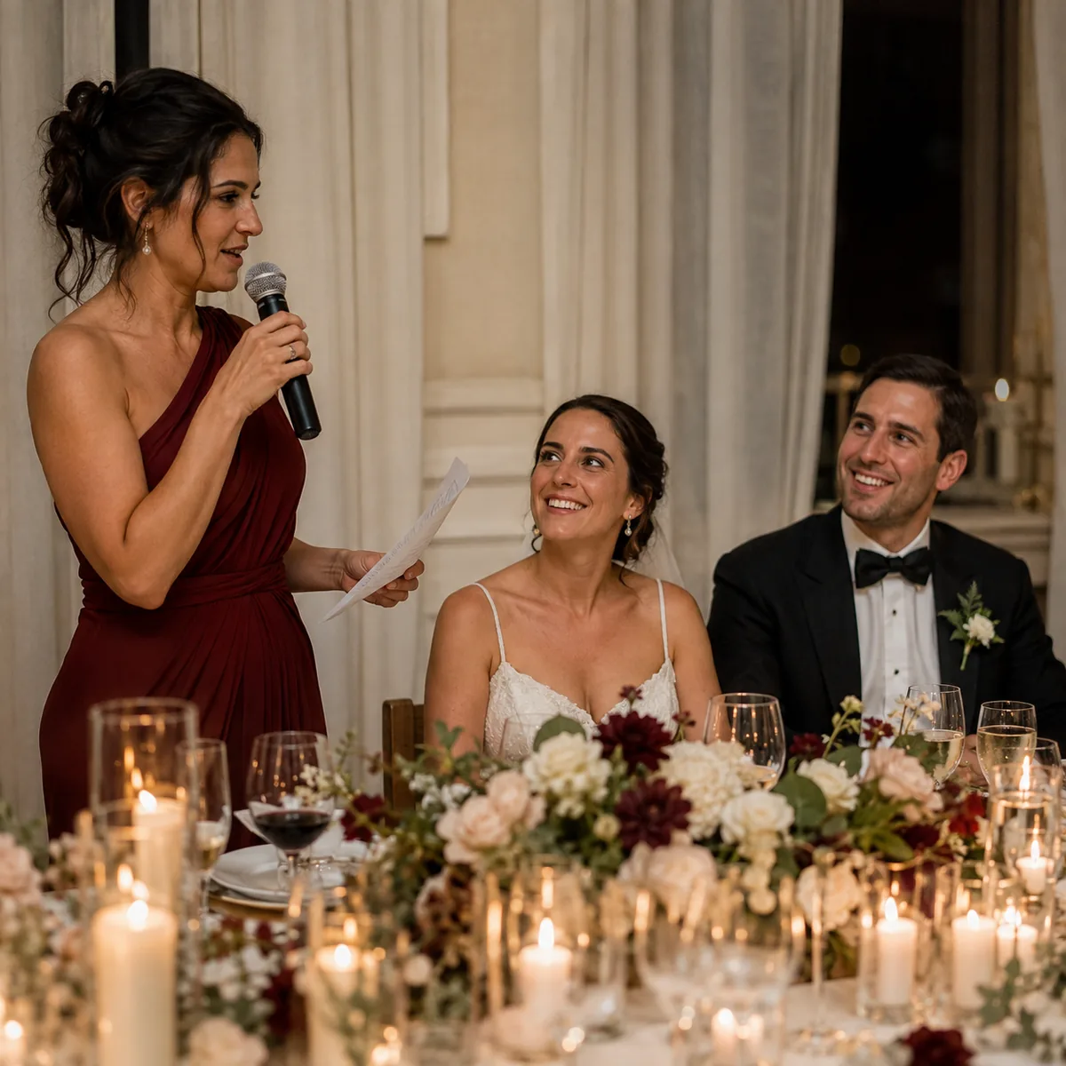 Invitado con micrófono brindando junto a los novios durante una cena de boda.