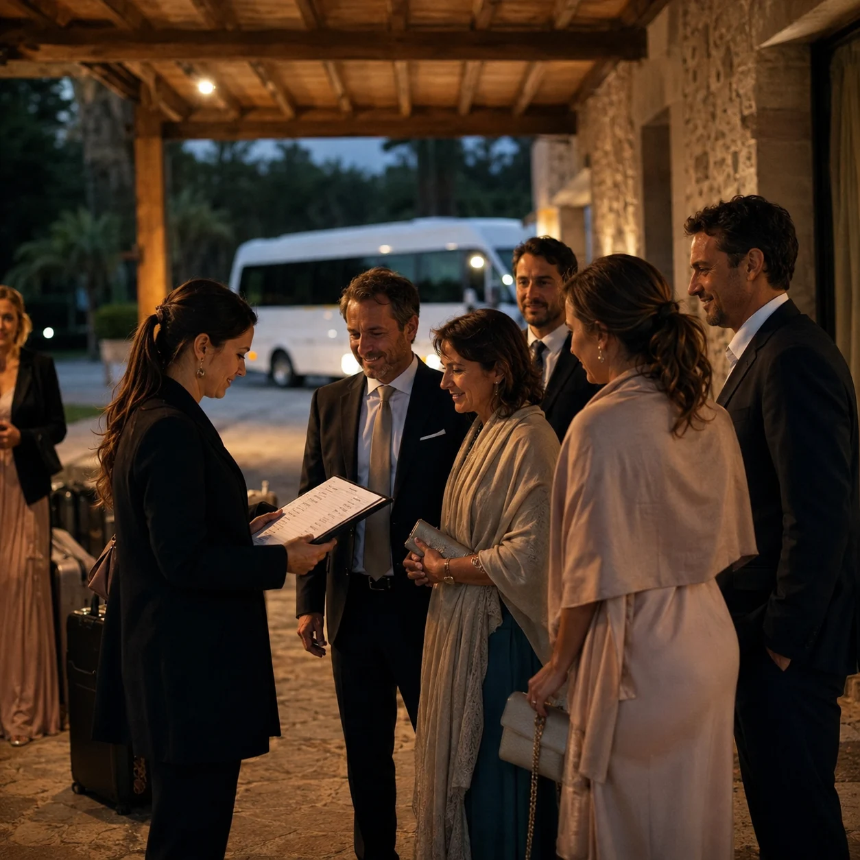 Invitados de una boda coordinando su salida en un punto de encuentro iluminado
