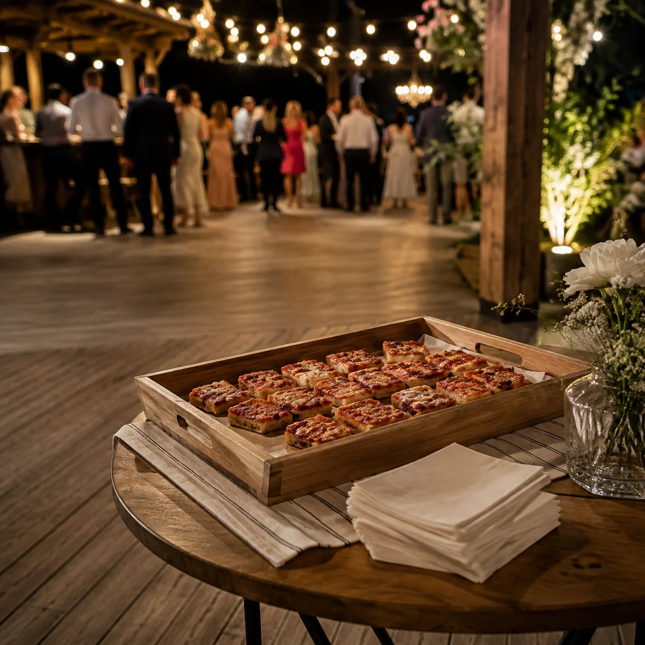 Porciones de pizza sobre una mesa lateral durante una recepción de boda nocturna