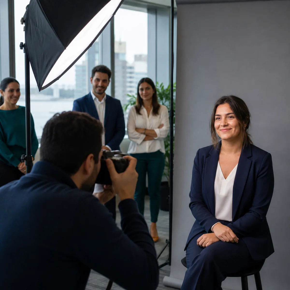 Jornada de retratos en la oficina Producción de retratos profesionales con una empleada y un fotógrafo en una oficina.