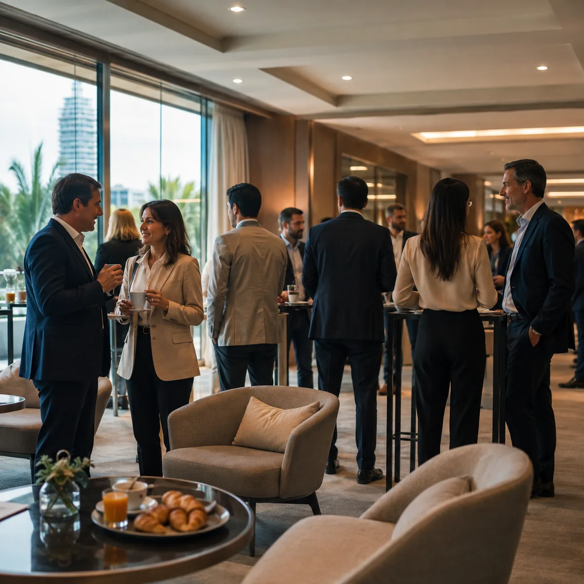 Desayuno de networking de 90 minutos Profesionales conversando durante un desayuno de networking con café y mesas de apoyo.