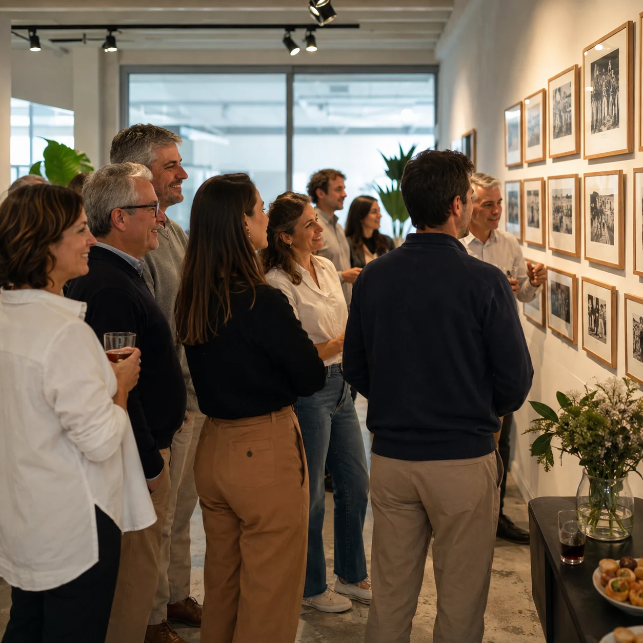 Compañeros de distintas generaciones recorriendo una muestra de fotografías en un aniversario empresarial