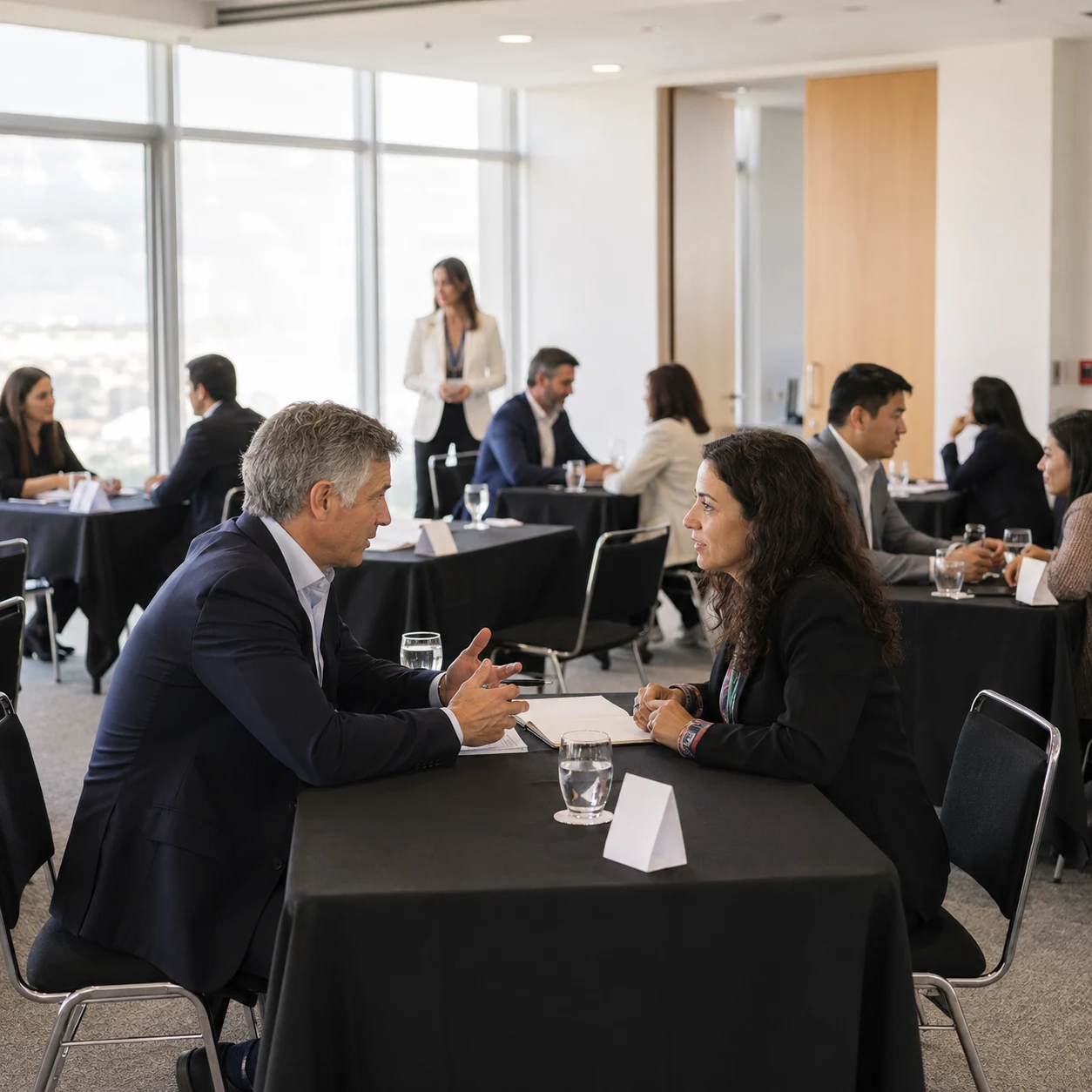 Representantes de empresas conversando en mesas separadas durante una ronda de negocios