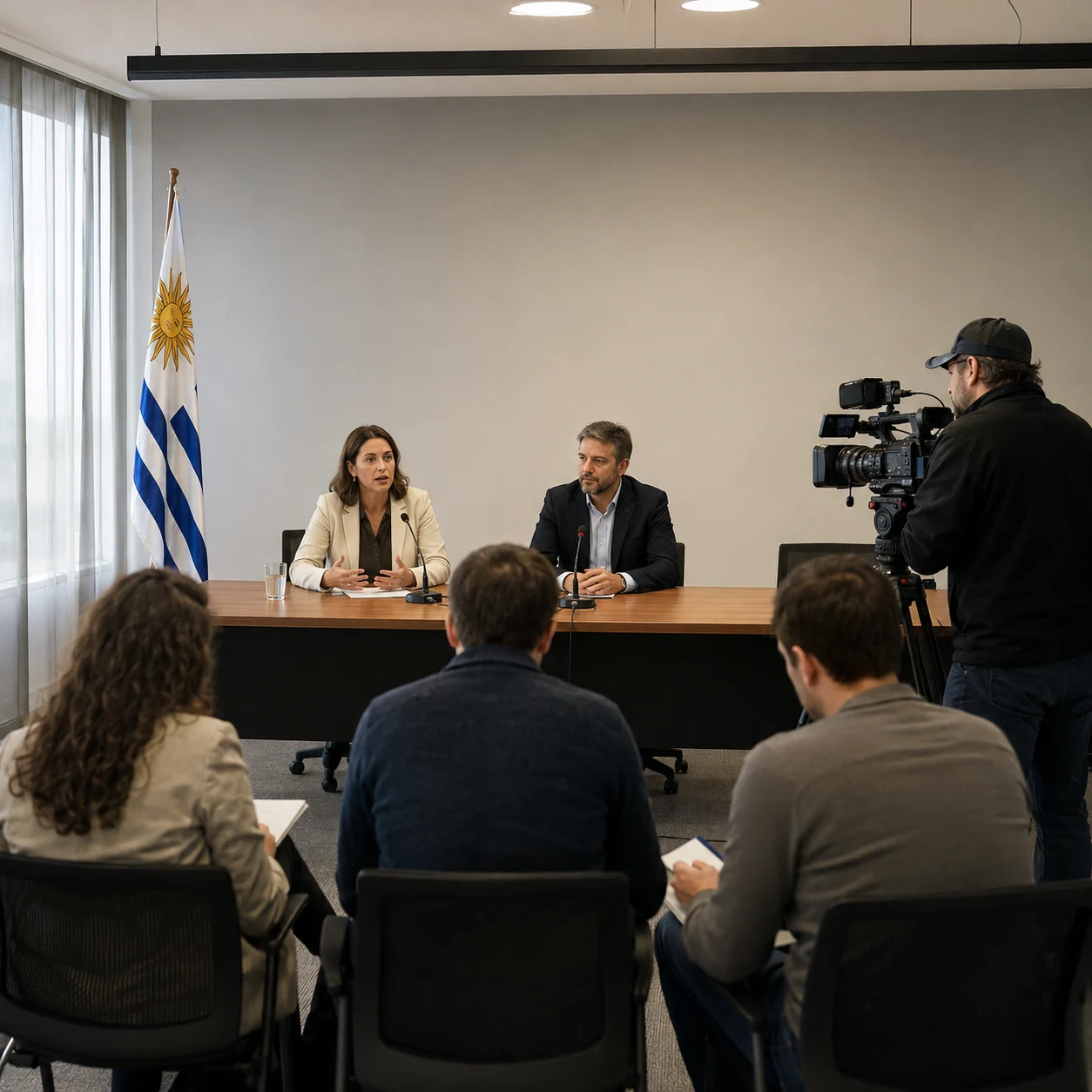 Voceros y periodistas durante una conferencia de prensa en una sala de reuniones