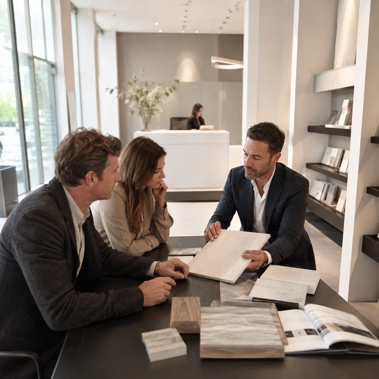 Representante mostrando muestras a visitantes durante una cita en un showroom