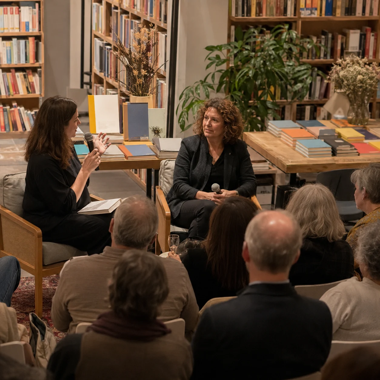 Autora y moderadora conversando con lectores durante una presentación de libro
