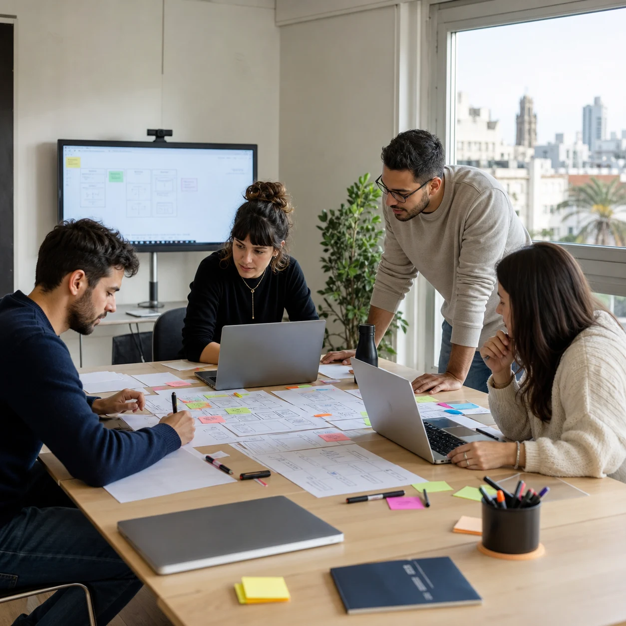 Cuatro colegas trabajan con computadoras y prototipos de papel en una jornada empresarial