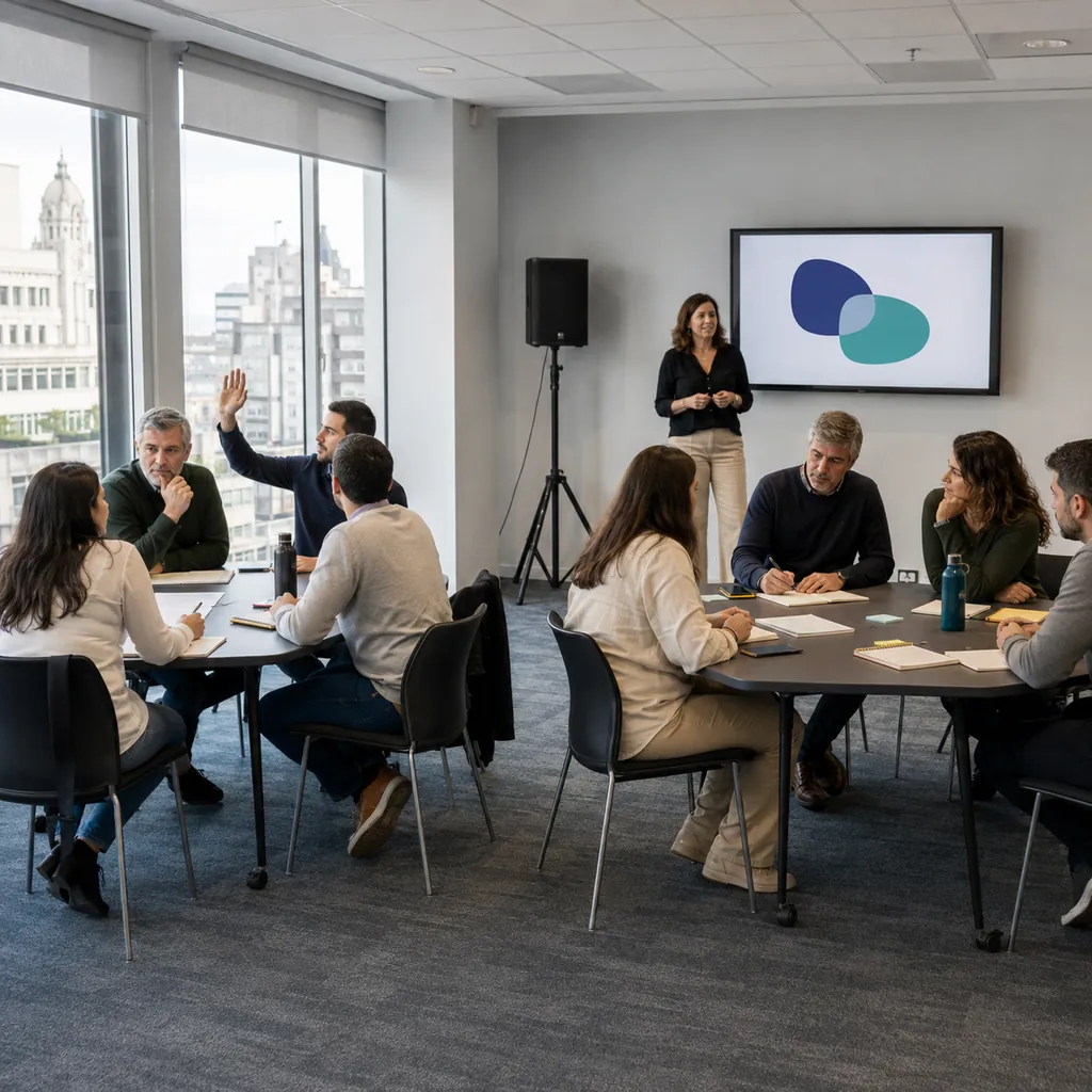 Jornada de capacitación en la empresa: sala, tiempos y registro Equipo de trabajo en una capacitación, con dos mesas de participantes y una facilitadora junto a una pantalla.