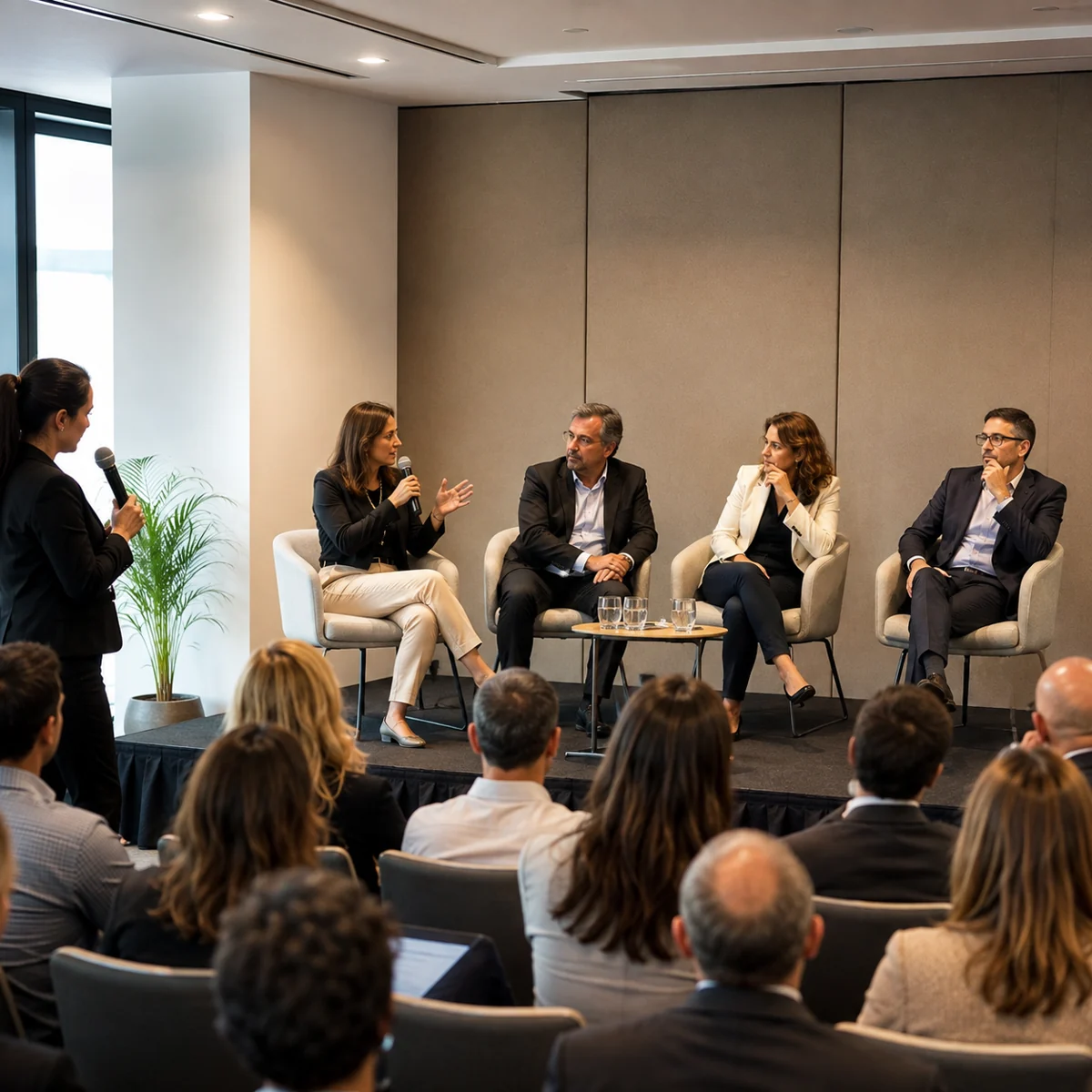 Mesa redonda empresarial Moderadora y panelistas en un encuentro empresarial, con una persona de apoyo junto al pasillo del público.