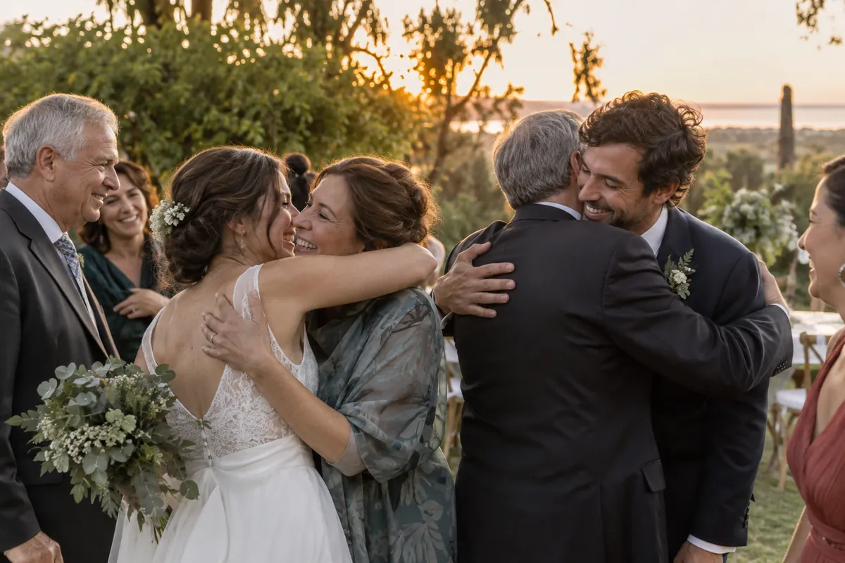 Fotografía de bodas: momentos espontáneos con la familia Pareja de novios abrazando a familiares en un jardín