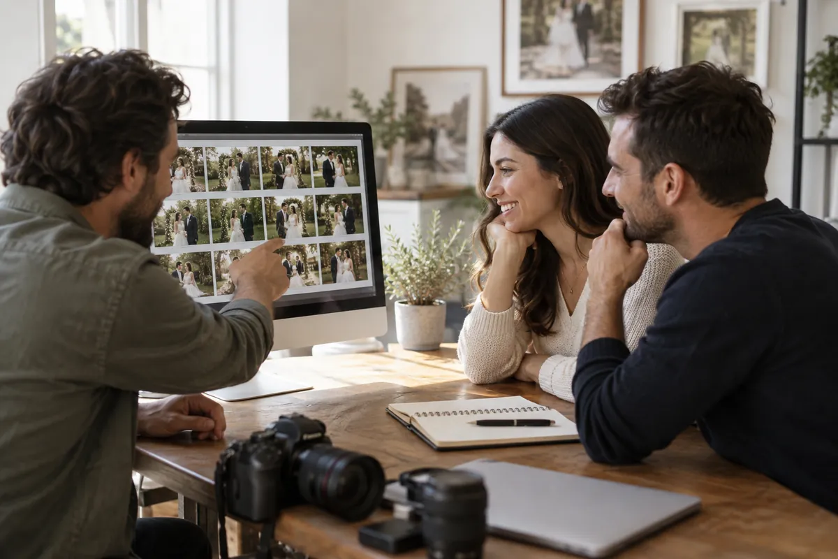 Fotografía de bodas en Montevideo: selección y entrega Pareja revisando una selección de fotografías junto a un fotógrafo