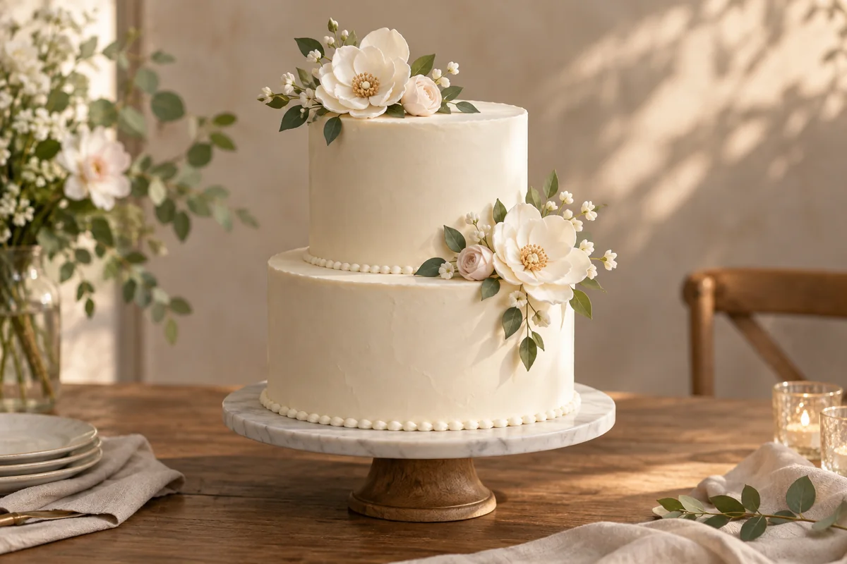 Torta de boda de dos pisos en color marfil con flores decorativas Torta de boda de dos pisos en color marfil con flores decorativas