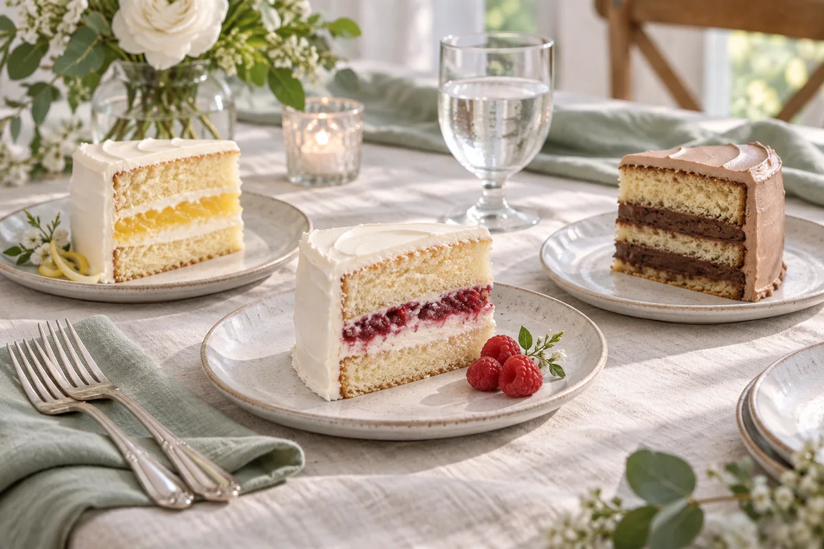 Tres porciones de torta con distintos rellenos sobre platos individuales Tres porciones de torta con distintos rellenos sobre platos individuales