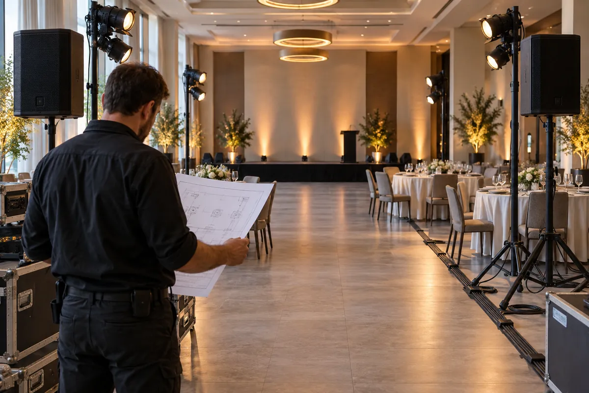 Alquiler de equipo para eventos: montaje y coordinación Técnico revisando un montaje de parlantes y luces en un salón