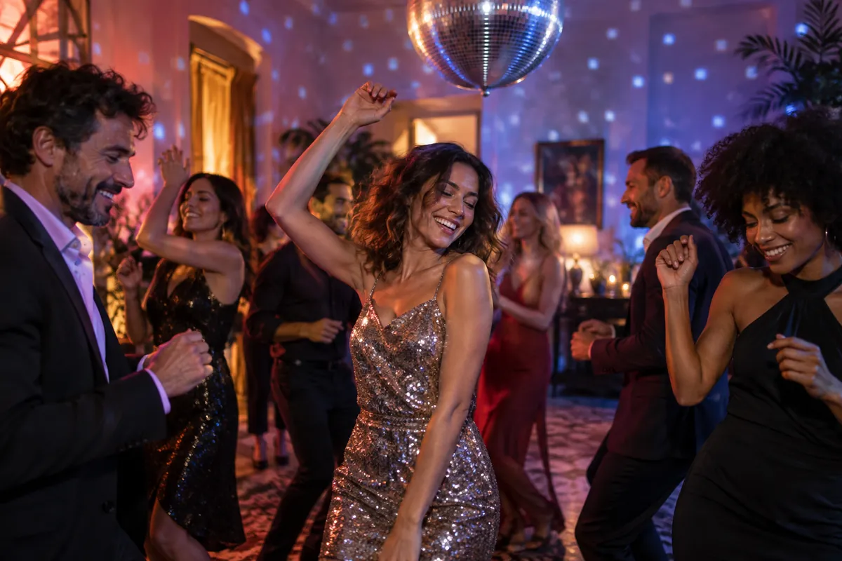 Iluminación y efectos para una fiesta en Uruguay Adultos bailando en un salón con iluminación ambiental