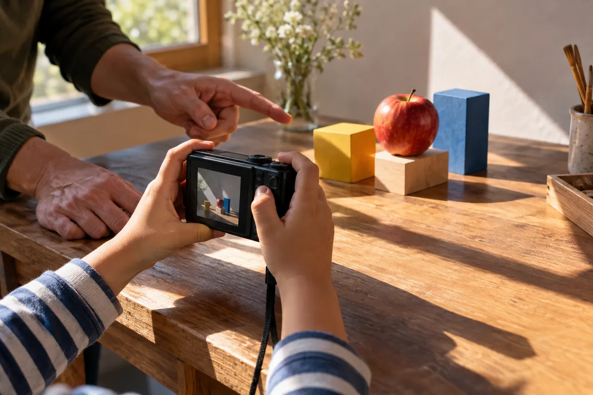 Aprender fotografía: luz natural y composición para niños Niño fotografiando objetos junto a una ventana con ayuda de un adulto