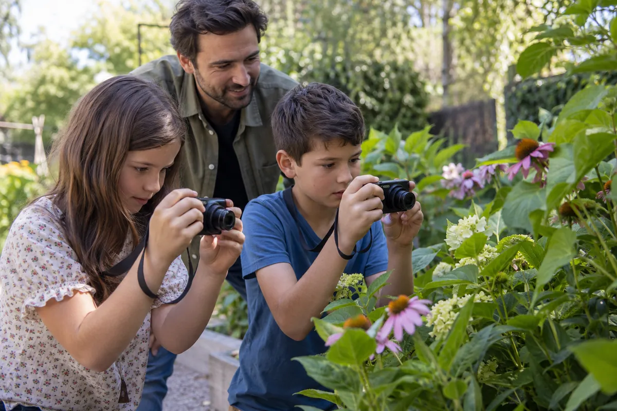 Curso de fotografía para niños: observación y práctica Dos niños fotografiando plantas con supervisión de un adulto