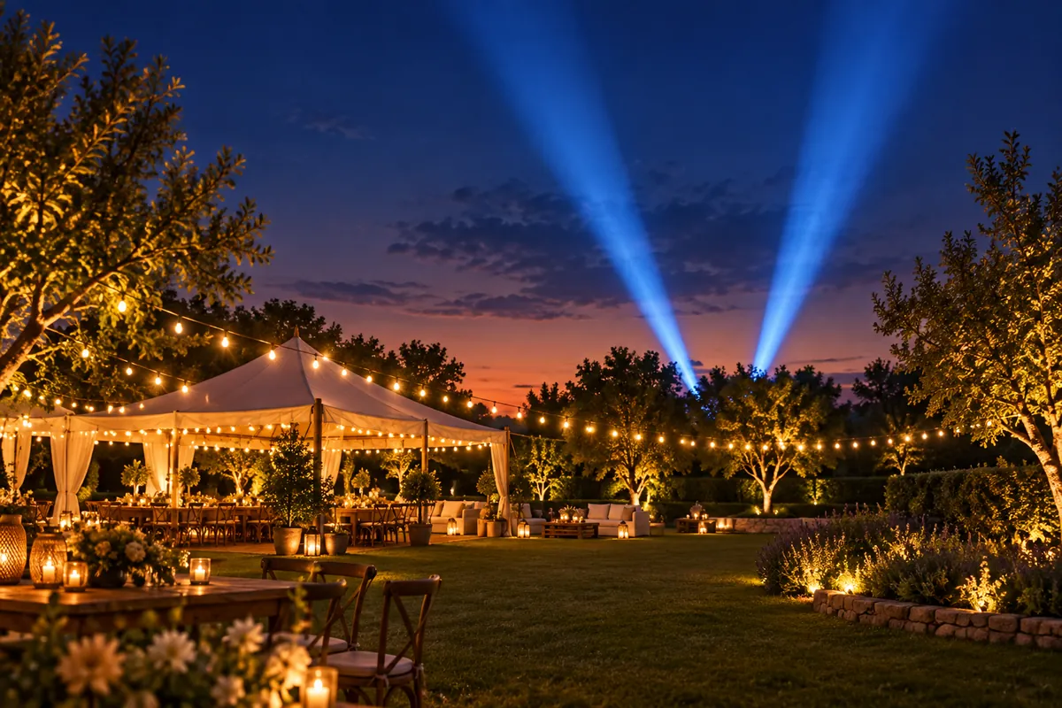 Efecto Pincha nubes para eventos: iluminación exterior Haces de iluminación azules sobre un jardín al anochecer