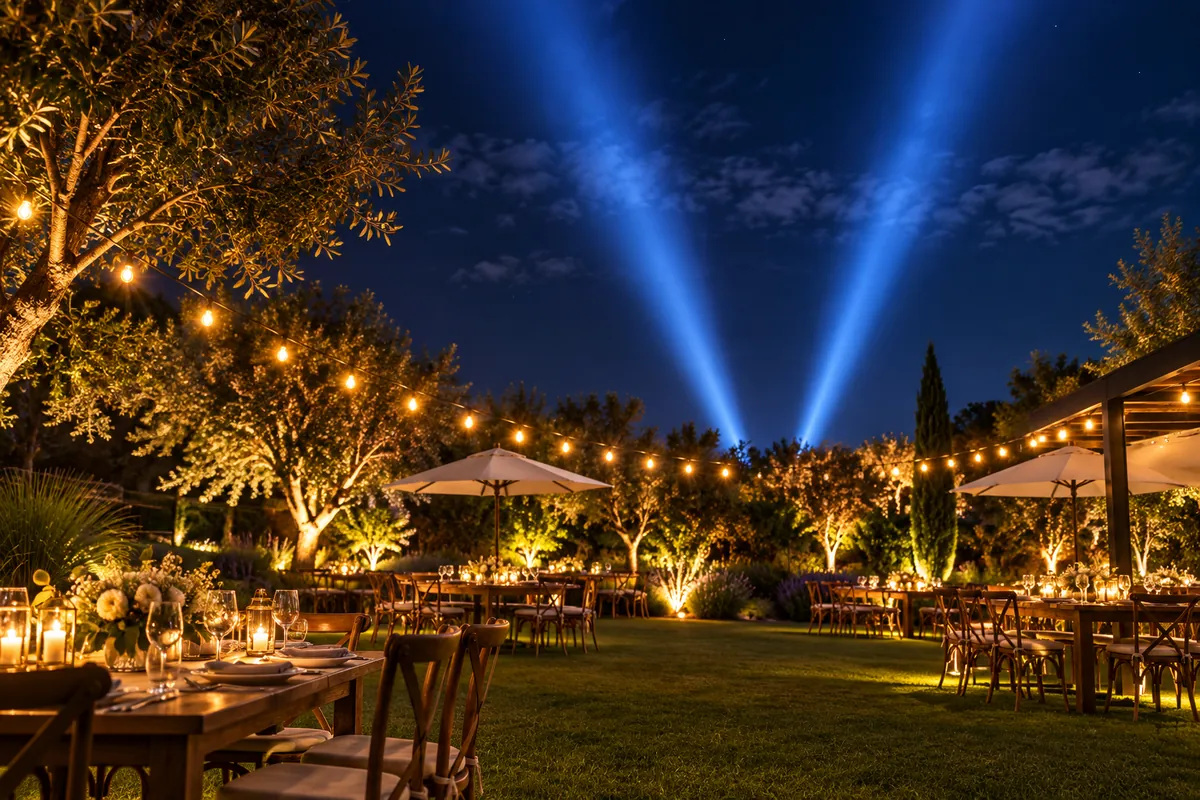 Pincha nubes: coordinar el efecto con el ambiente de la fiesta Iluminación azul ascendente junto a mesas en un jardín nocturno
