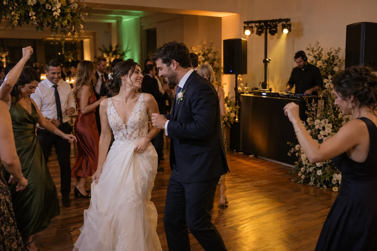Discoteca para bodas: ambiente de baile e iluminación Pareja e invitados bailando junto a una cabina de DJ en una recepción ficticia