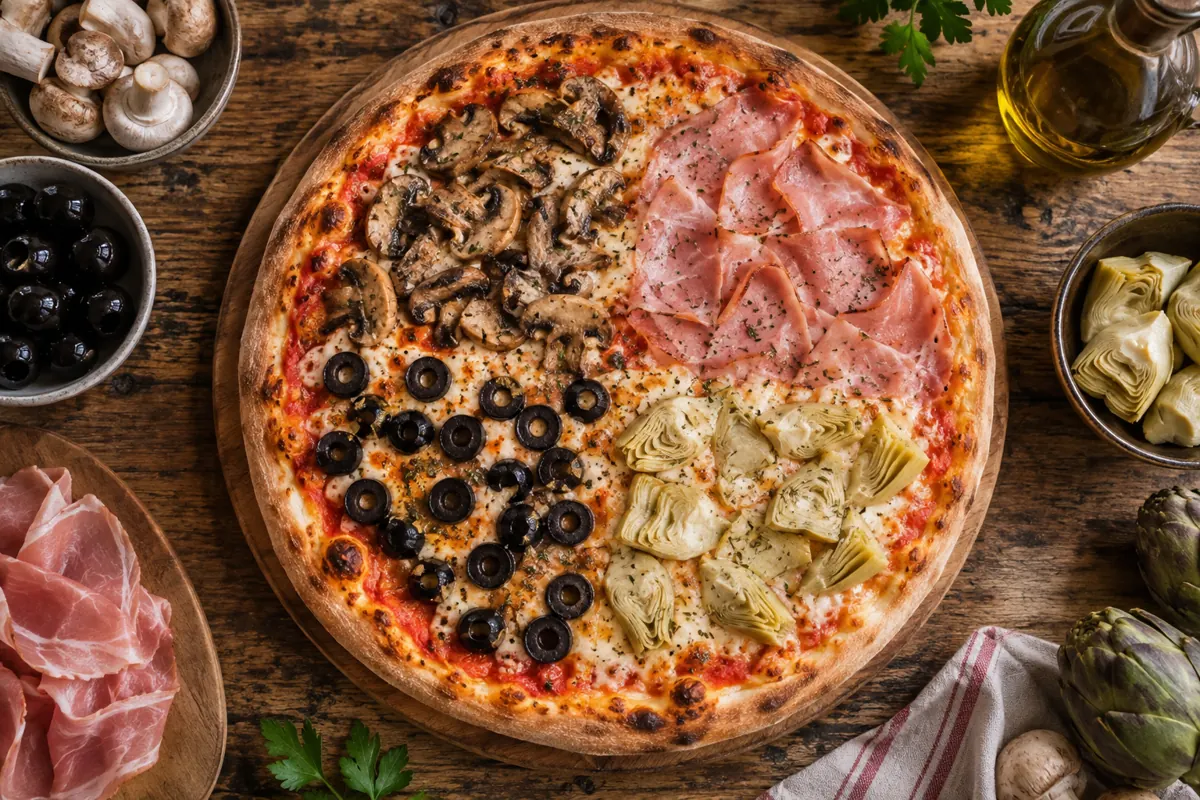 Pizza cuatro estaciones vista desde arriba con cuatro cuadrantes distintos de champiñones jamón aceitunas y alcachofas Pizza cuatro estaciones vista desde arriba con cuatro cuadrantes distintos de champiñones jamón aceitunas y alcachofas