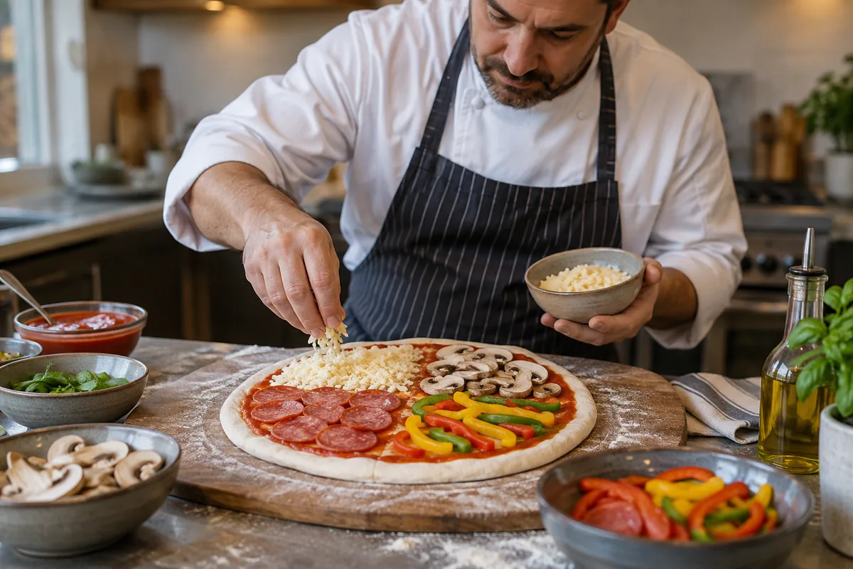 Cocinero adulto distribuyendo ingredientes en cuatro sectores de una pizza cruda sobre tabla Cocinero adulto distribuyendo ingredientes en cuatro sectores de una pizza cruda sobre tabla