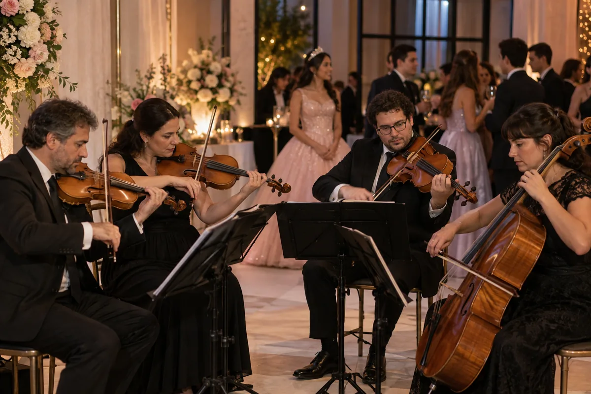 Cuarteto de cuerdas adulto tocando en la recepción de una fiesta de quince Cuarteto de cuerdas adulto tocando en la recepción de una fiesta de quince