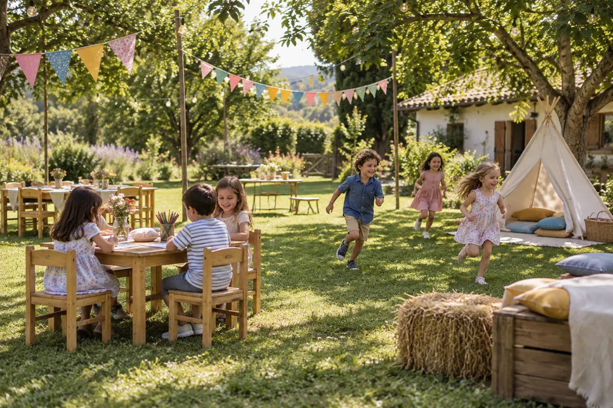Jardín de chacra ficticia con mesas infantiles y guirnaldas, espacio de juego despejado Jardín de chacra ficticia con mesas infantiles y guirnaldas, espacio de juego despejado