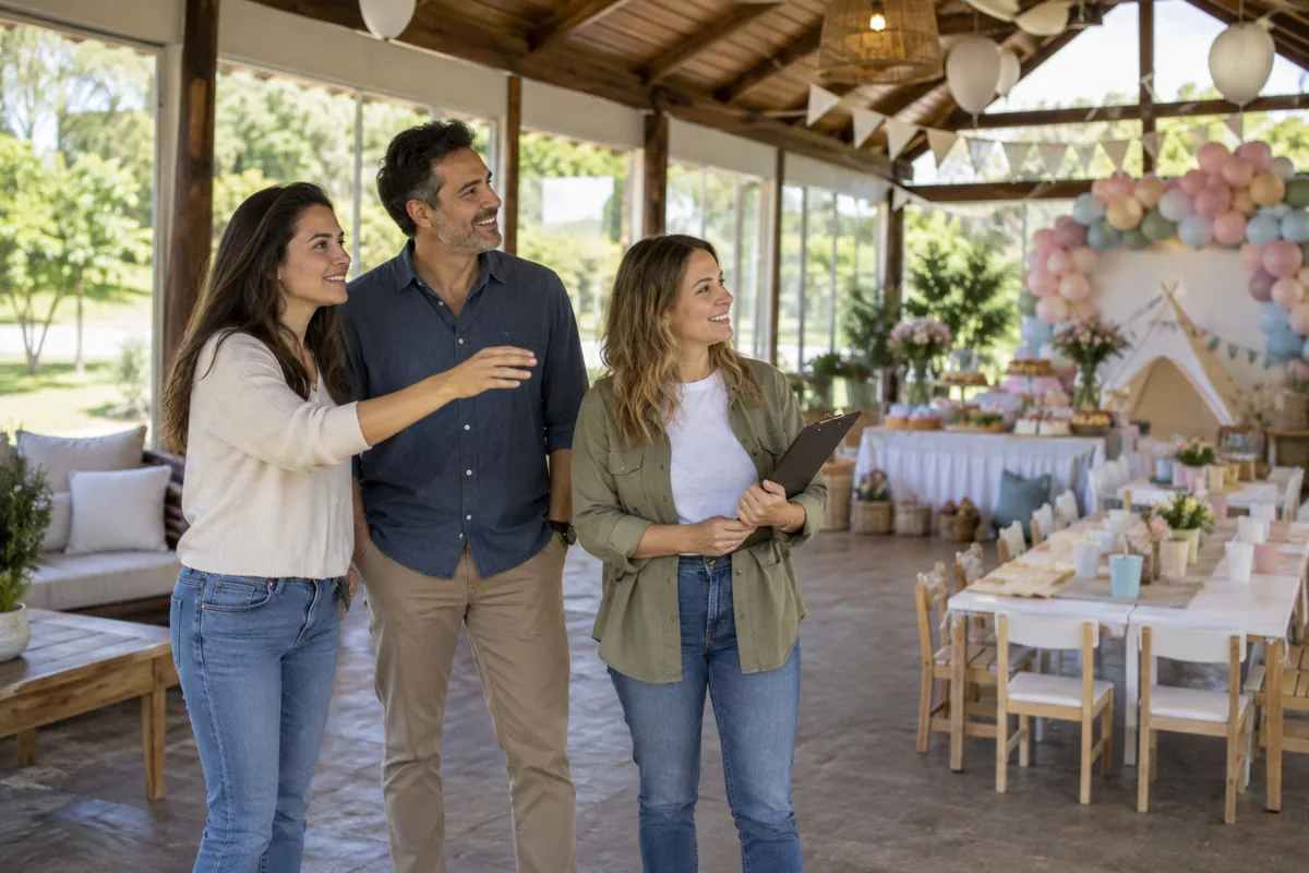 Familia adulta revisando el espacio cubierto de una chacra genérica antes de una fiesta infantil Familia adulta revisando el espacio cubierto de una chacra genérica antes de una fiesta infantil
