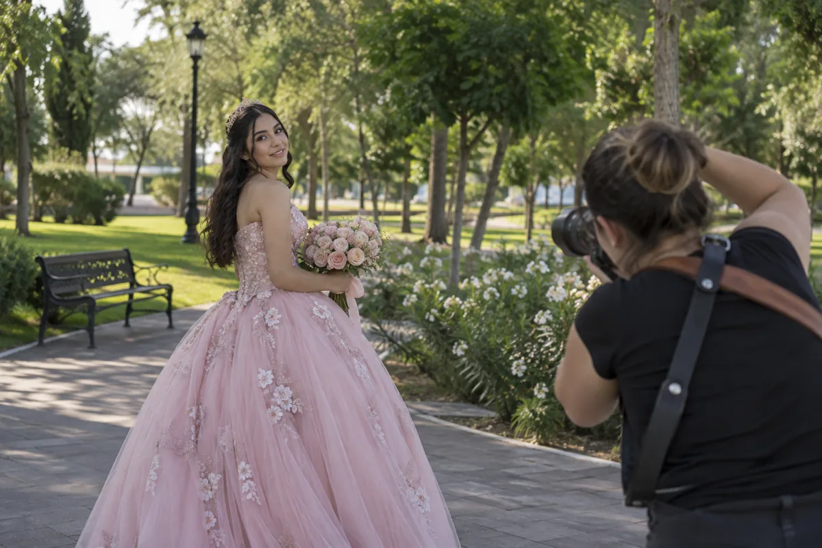 Fotógrafa adulta retratando a una quinceañera con vestido de fiesta en parque urbano llano genérico Fotógrafa adulta retratando a una quinceañera con vestido de fiesta en parque urbano llano genérico