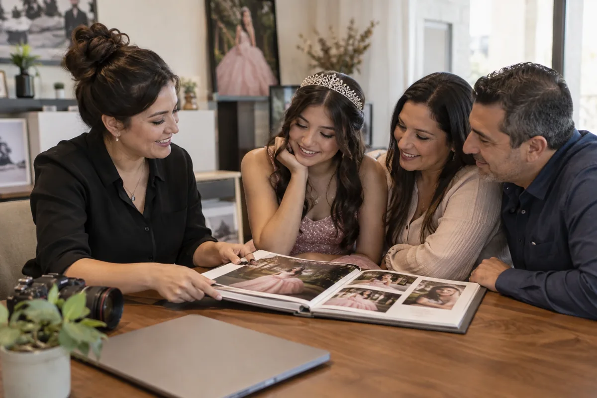 Fotógrafa adulta y familia revisando un álbum de una sesión de quince en mesa Fotógrafa adulta y familia revisando un álbum de una sesión de quince en mesa
