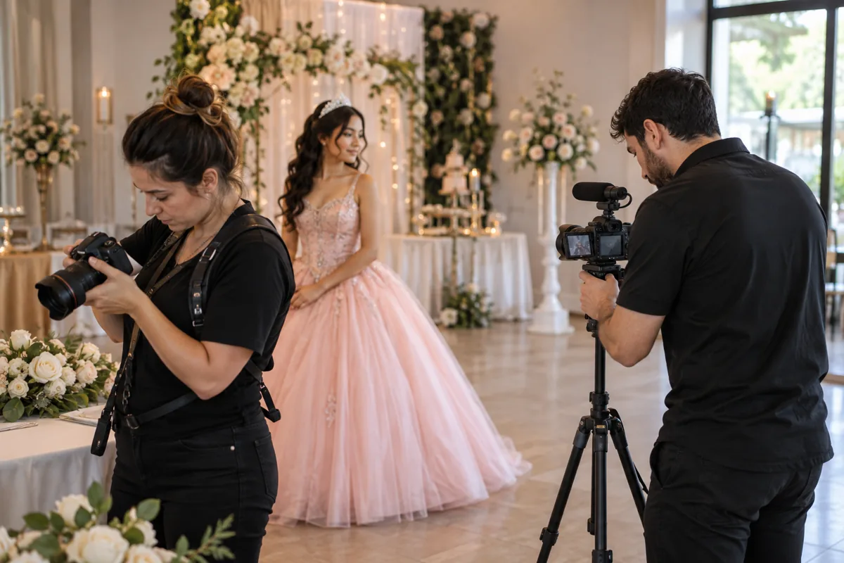 Fotógrafa y camarógrafo adultos preparando una cobertura de quince Fotógrafa y camarógrafo adultos preparando una cobertura de quince