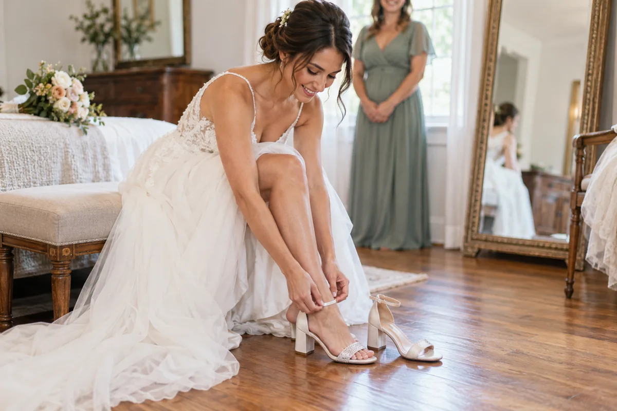 Novia adulta probando zapatos sobre un piso de madera Novia adulta probando zapatos sobre un piso de madera