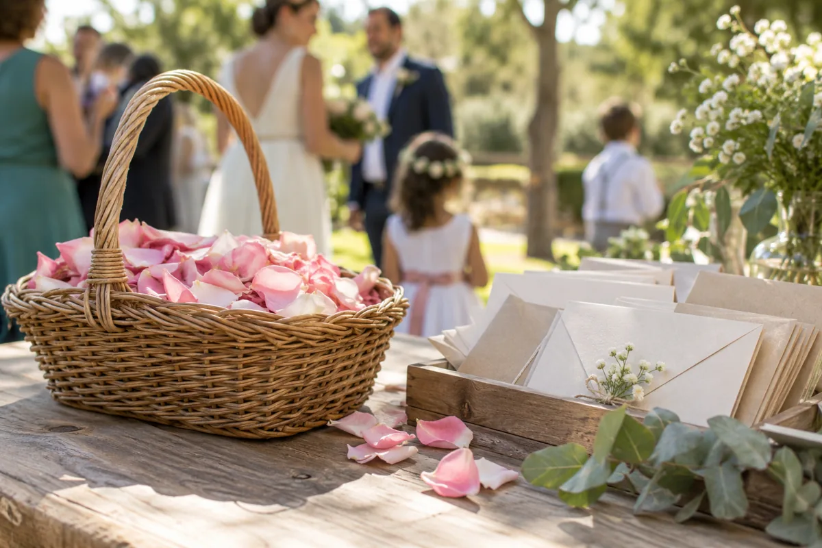 Cesta de pétalos rosados junto a sobres de papel para invitados Cesta de pétalos rosados junto a sobres de papel para invitados