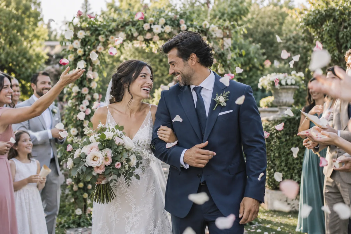 Pétalos cayendo alrededor de una pareja adulta en un jardín ficticio Pétalos cayendo alrededor de una pareja adulta en un jardín ficticio