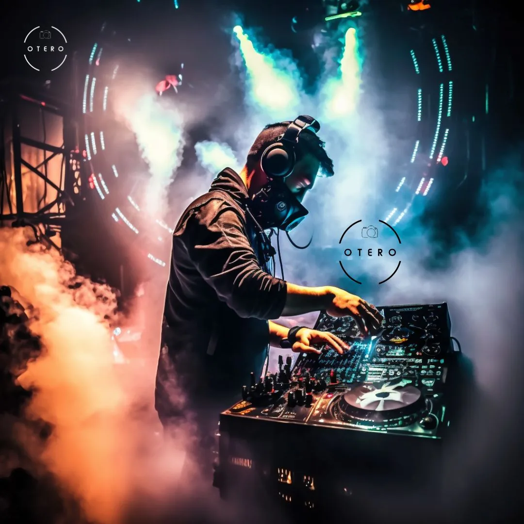 Ilustración de un DJ con auriculares frente a una consola entre luces y humo Ilustración de un DJ con auriculares frente a una consola entre luces y humo