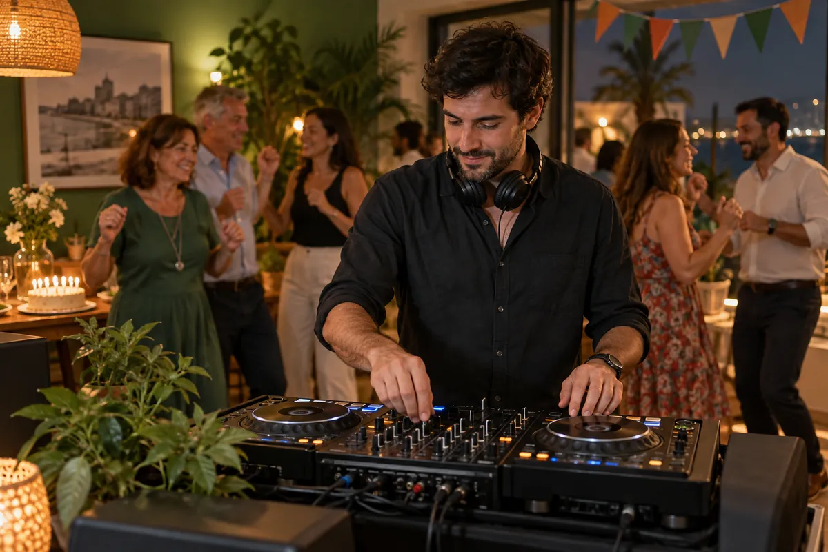 DJ para cumpleaños de adultos y fiestas familiares · Ilustración IA DJ adulto frente a una consola mientras varias personas bailan en un salón