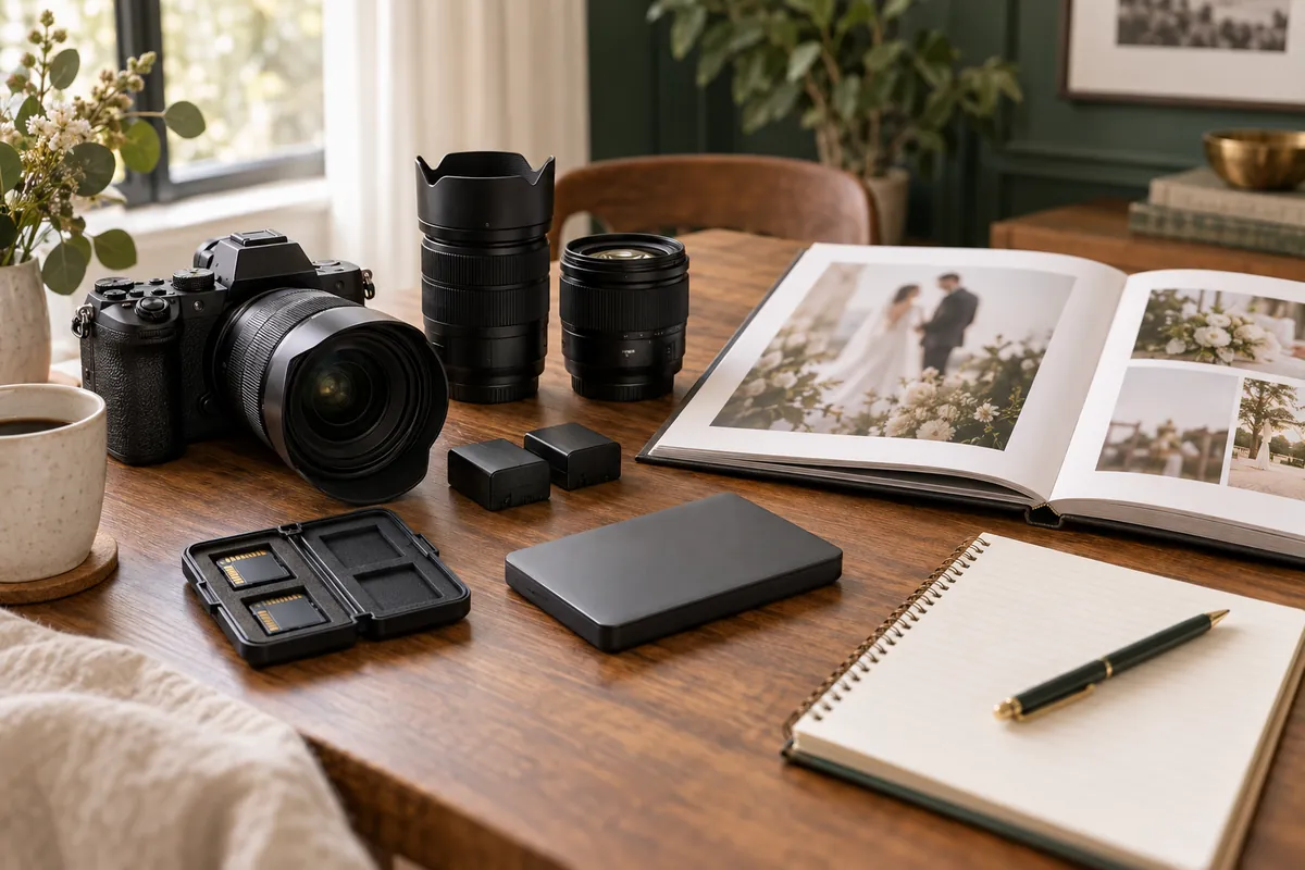 Equipo y respaldo para fotografía de bodas Cámara, objetivos, baterías, tarjetas y álbum sobre una mesa