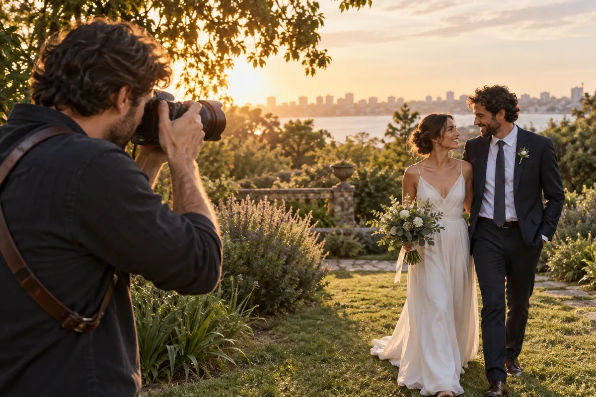 Fotografía de casamientos: luz y composición en exteriores Fotógrafo encuadrando a una pareja de novios en un jardín al atardecer