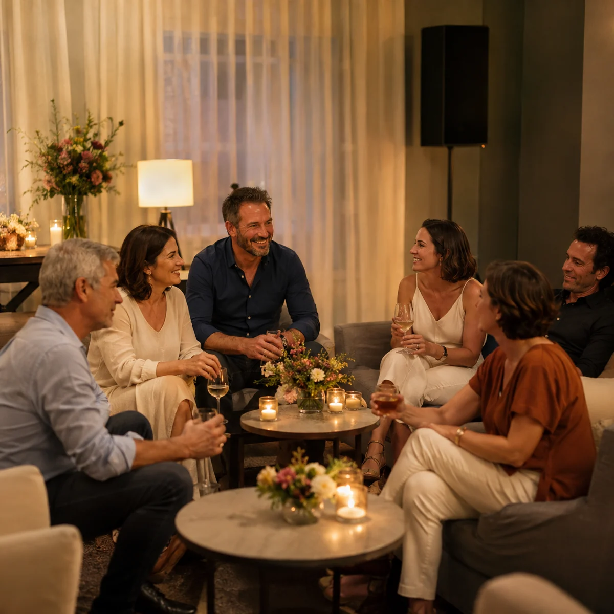 Música para una fiesta sin baile Invitados adultos conversan en mesas y sillones de una celebración familiar con sonido discreto al fondo.