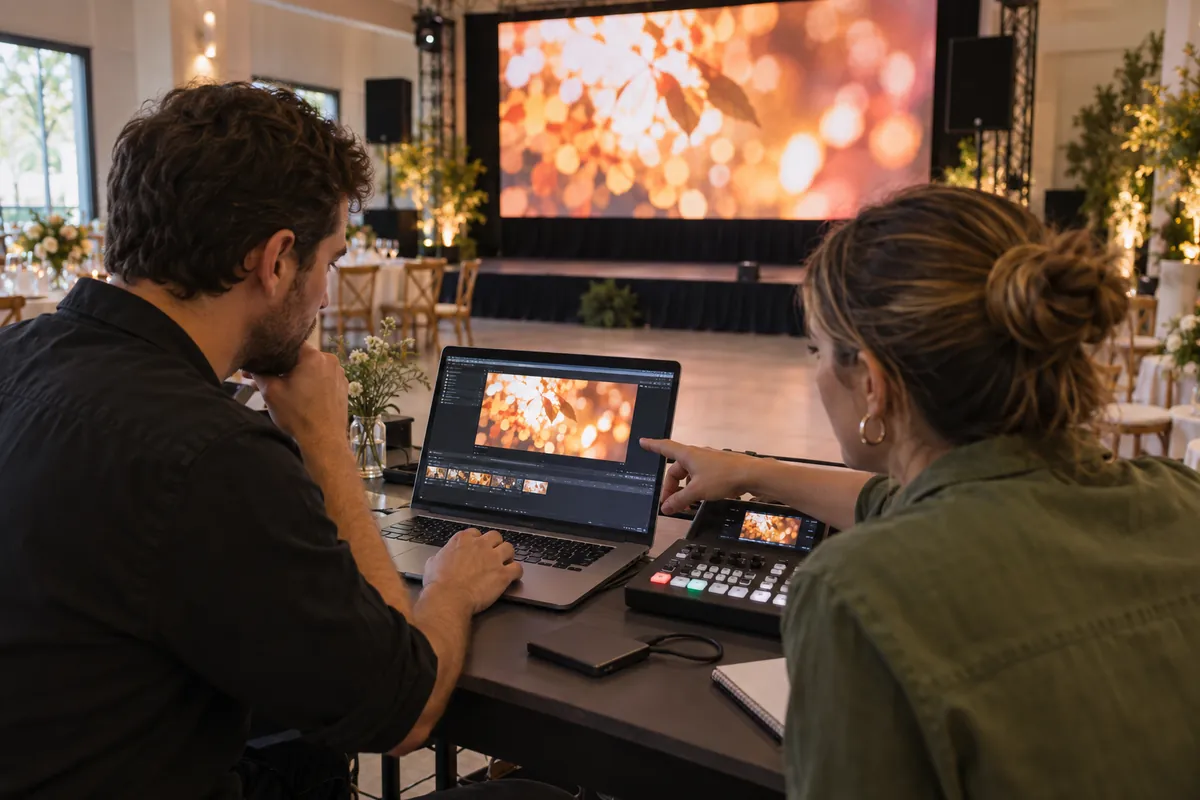 Preparación de videos para pantallas LED en eventos · Ilustración IA Ilustración de dos personas revisando un video en una computadora y un controlador frente a una pantalla LED