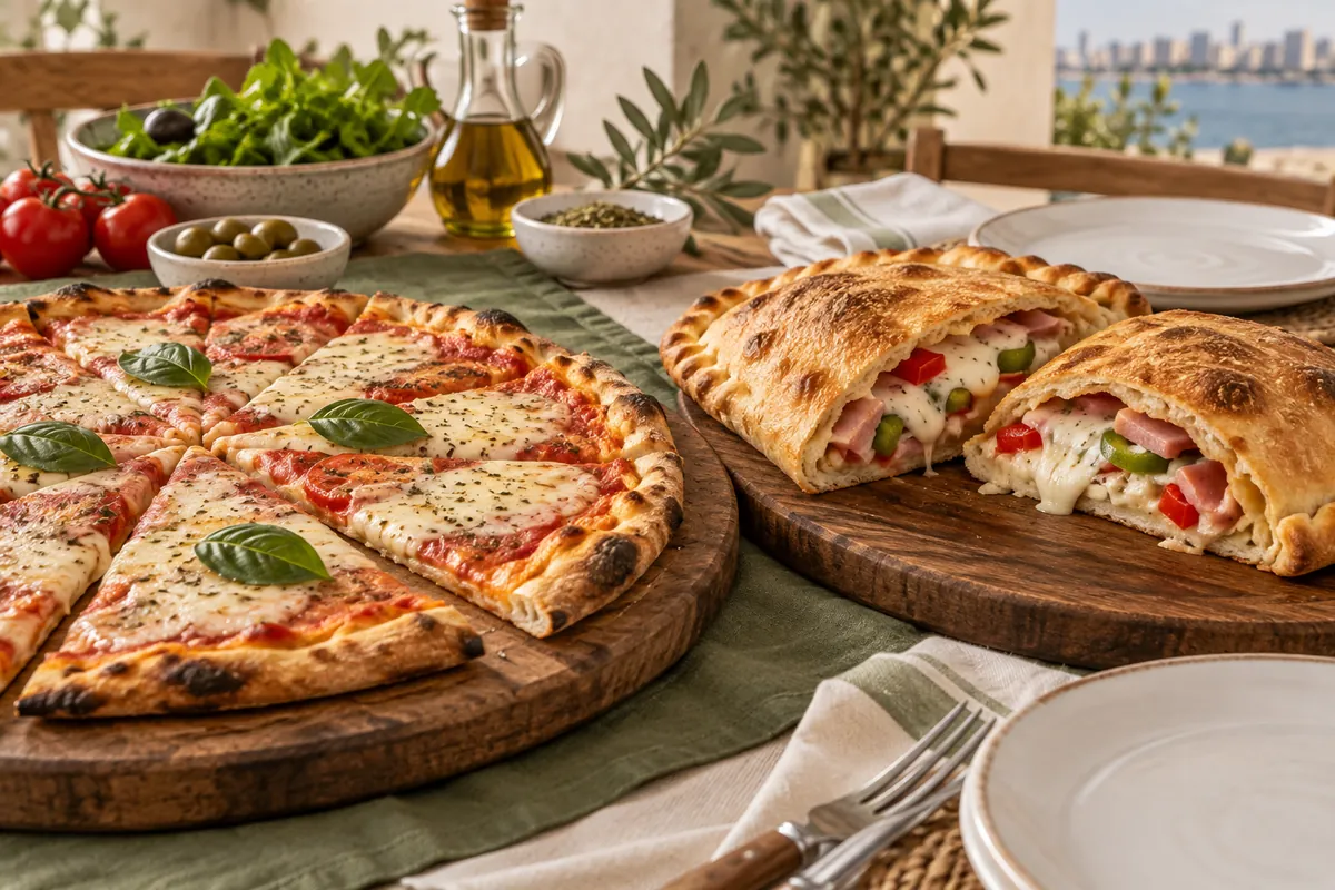 Pizzas y calzones: combinaciones para un catering de fiesta Pizza y calzón cortado sobre tablas de madera en una mesa preparada