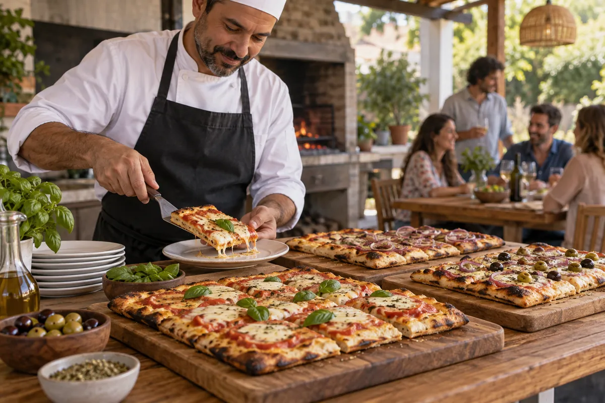 Catering de pizzas a domicilio para fiestas en casa Cocinero sirviendo pizzas sobre tablas en una reunión familiar ficticia