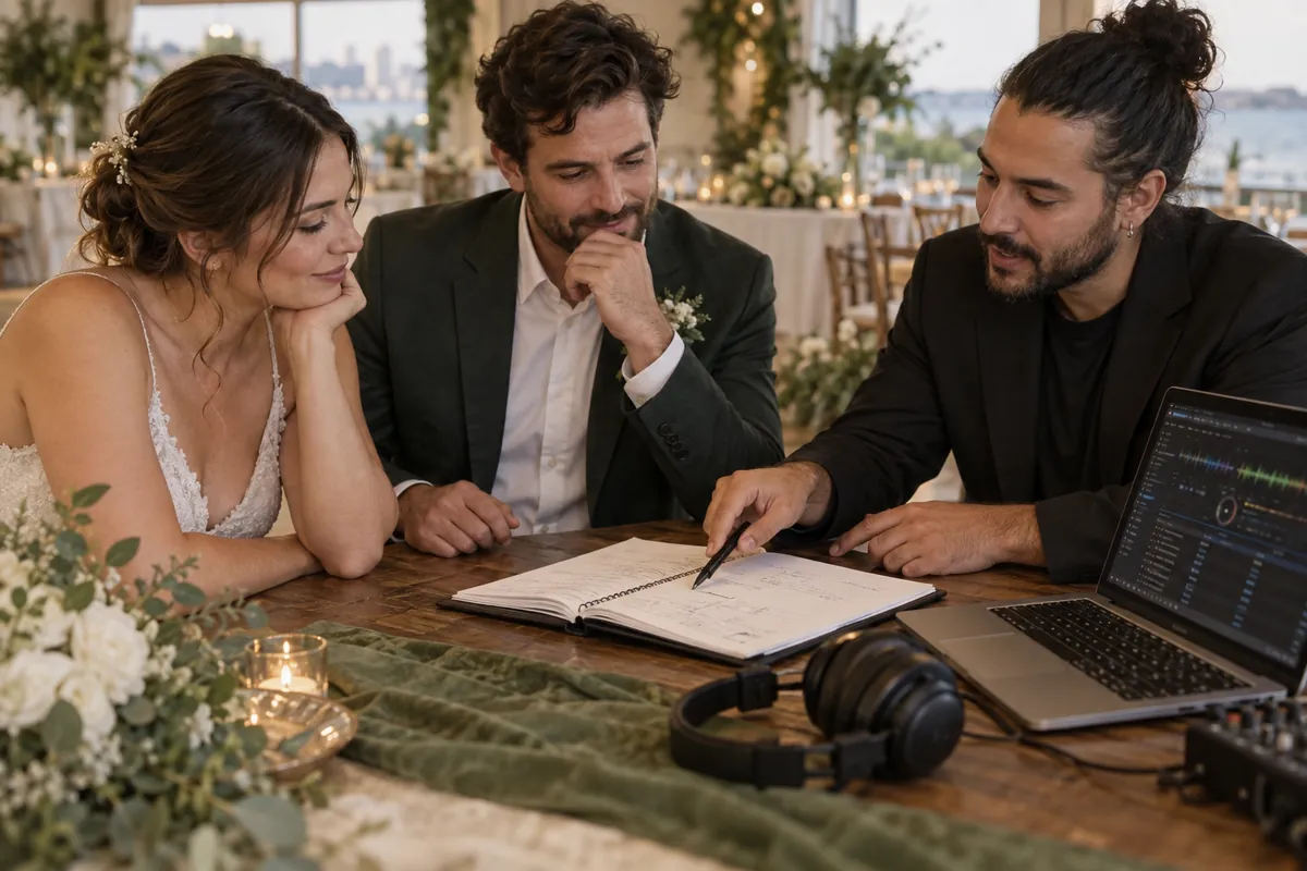 DJ para bodas: planificación de canciones y momentos Pareja y DJ revisando un cuaderno de planificación musical en una escena ficticia