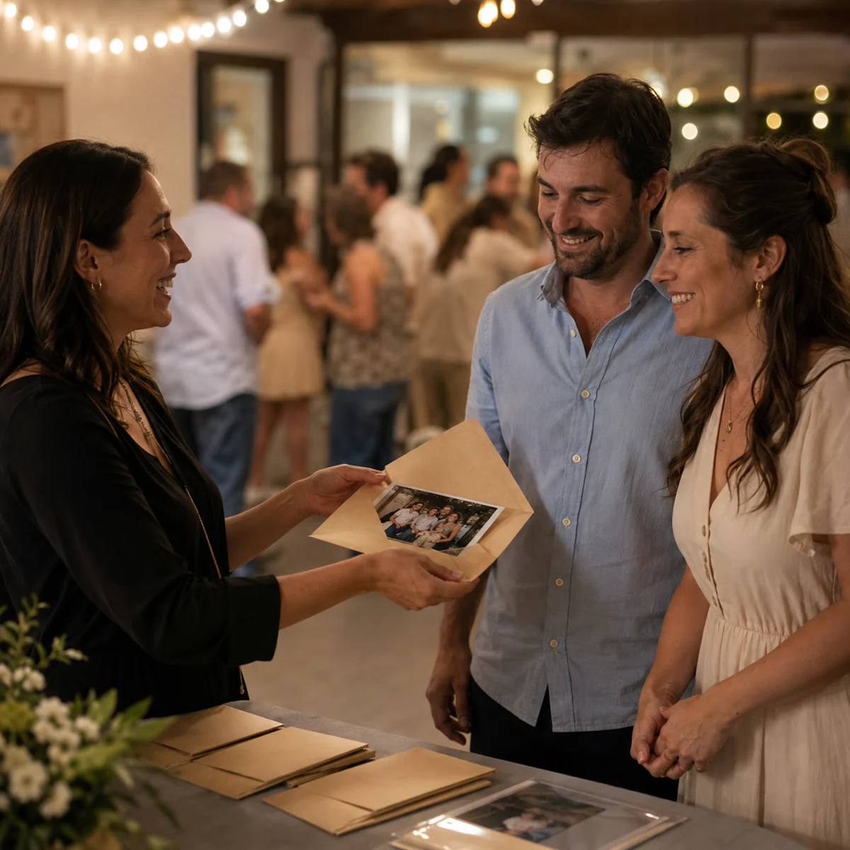 Recuerdos con fotos para invitados Una anfitriona entrega una fotografía protegida en un sobre a dos invitados junto a una mesa de recuerdos.