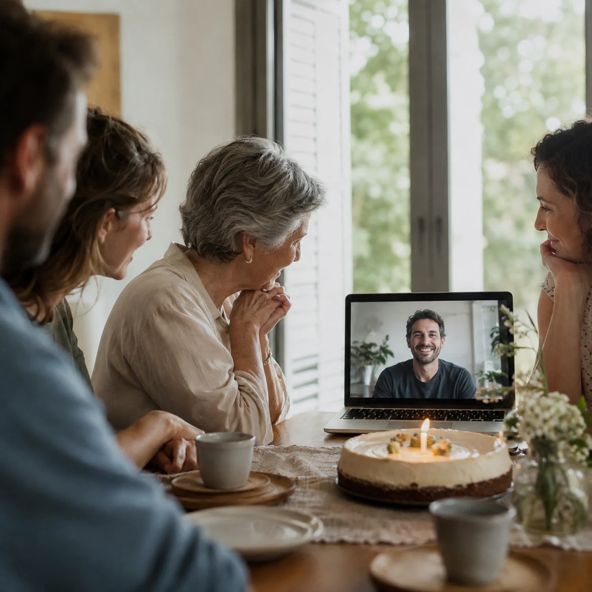 Video de saludos para un cumpleaños Una mujer celebra su cumpleaños junto a familiares mientras mira un saludo grabado en una pantalla.